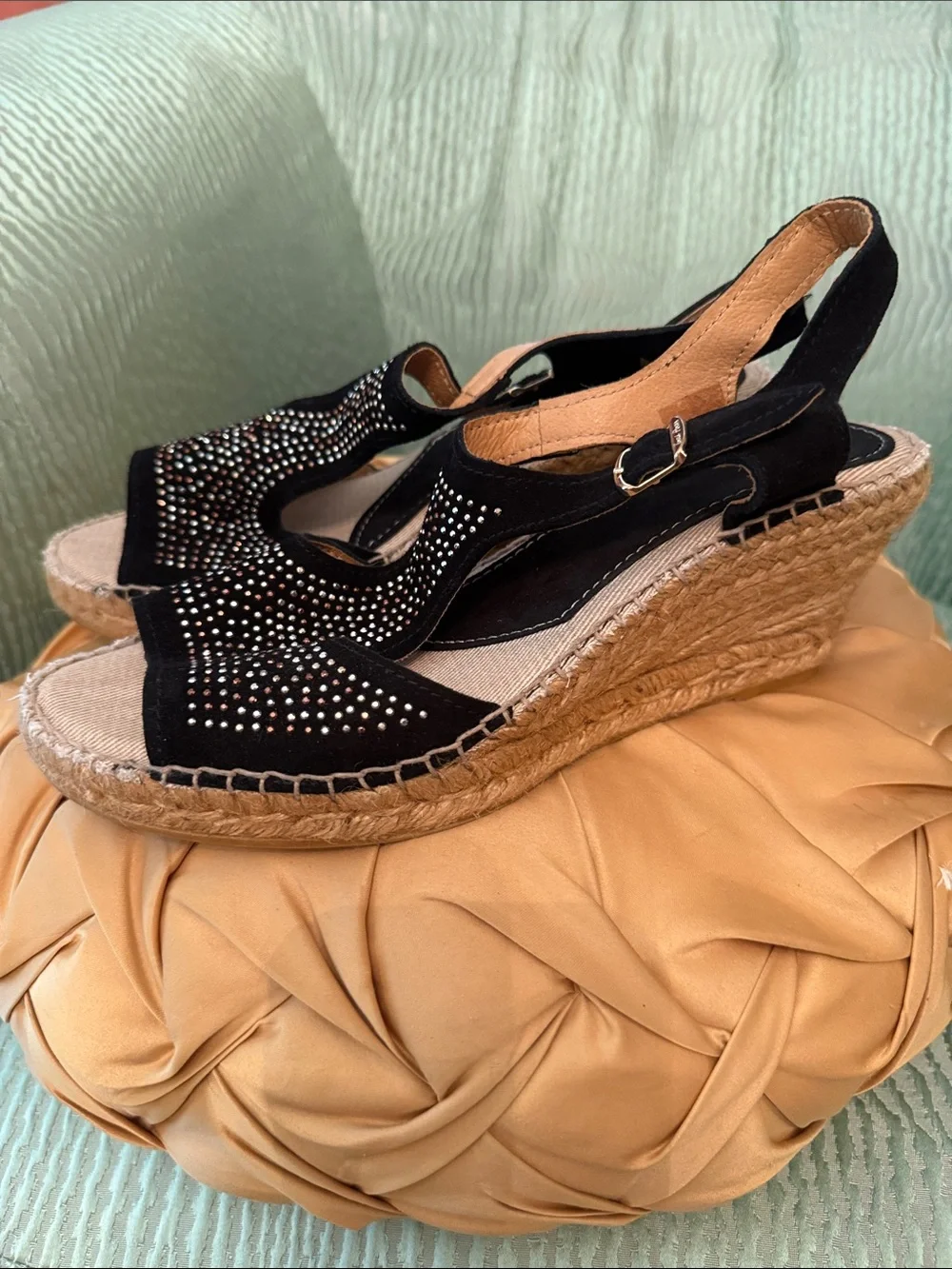 Black Rhinestone Espadrille Wedge Sandals - Slingback Wedge